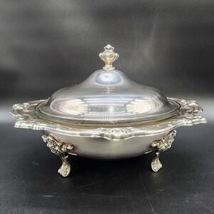 VTG Gorham Silver Plated Glass Insert Lidded Casserole Dish Footed Ornate